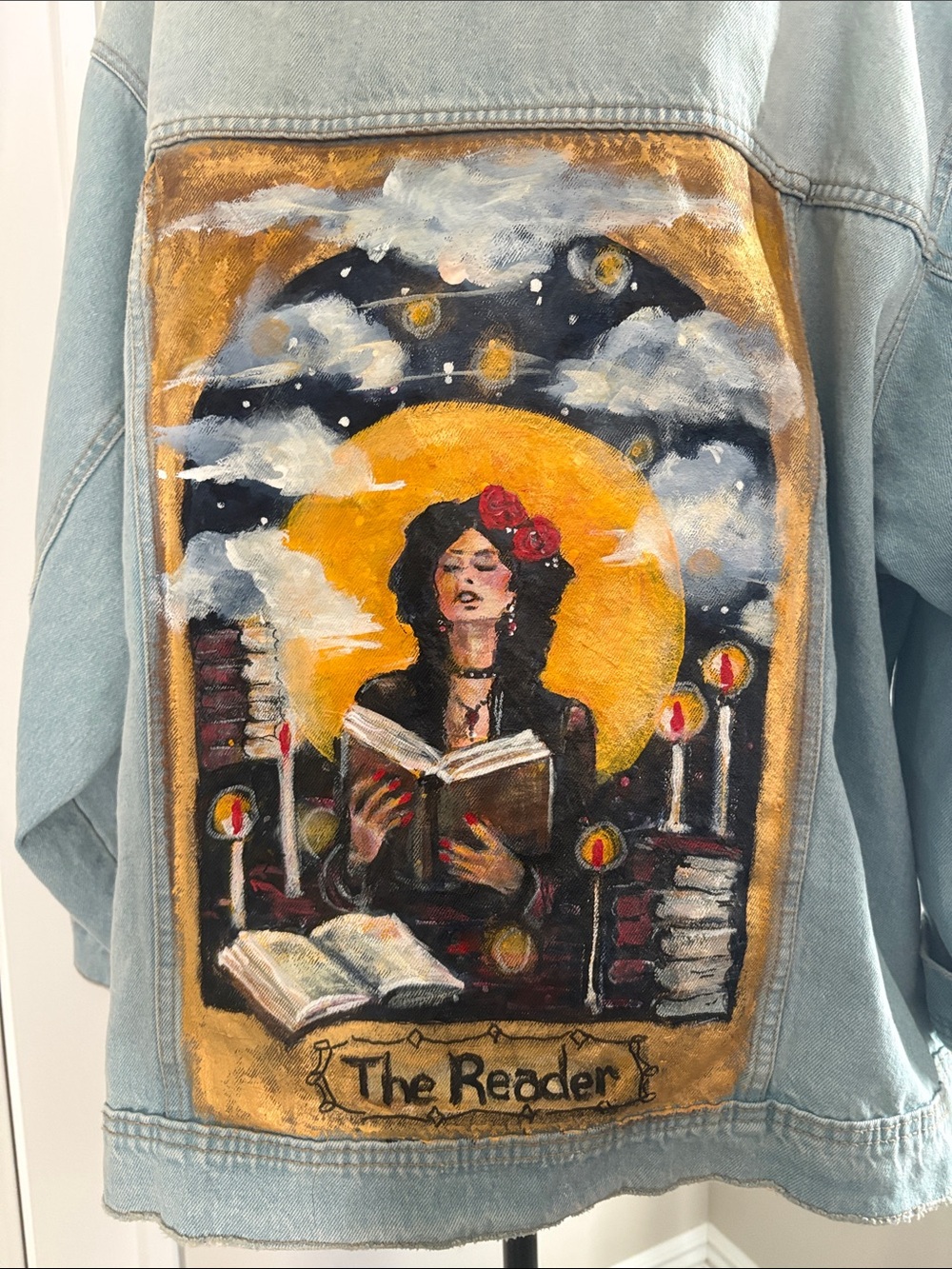 Hand-Painted Upcycled Light Blue Denim Jacket Tarot of - The Reader Artwork